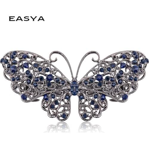 EASYA 2018 Women Girls Retro Butterfly Hair Jewelry Vintage Blue Crystal Barrettes Hair Clips For Hairdressing
