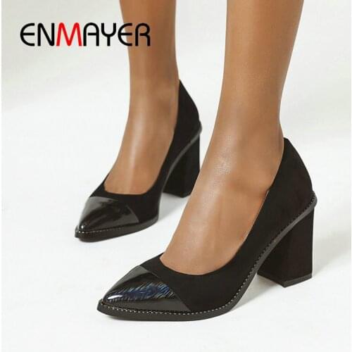ENMAYER 2020 Wedding Shoes Slip-On Luxury Shoes Women Designers High Heels Flock Party Pointed Toe Square Heel Shoes Size 34-43