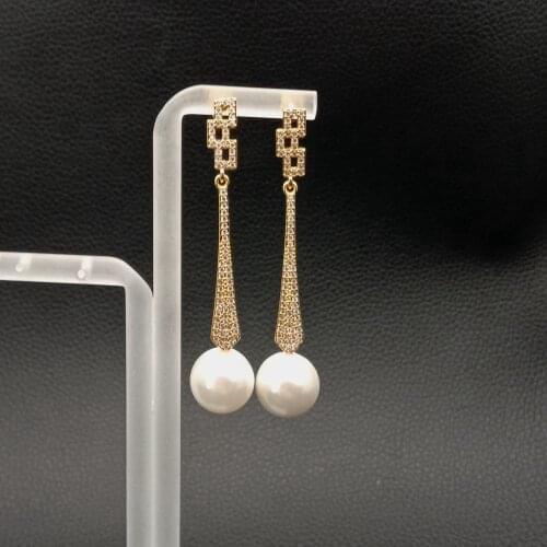 White Sea Shell Pearl Gold color Plated cubic zirconia pave geometric Stud Earrings