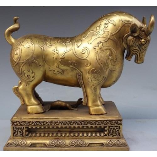 Chinese FengShui Brass Copper Ox Oxen Cow Cattle Bull Bovine Snake Animal Statue