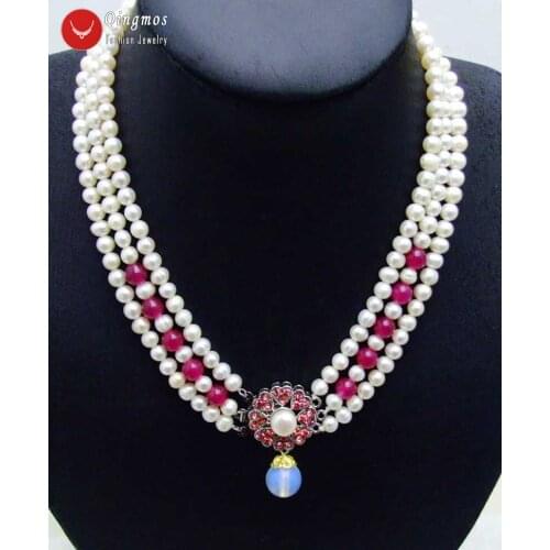Qingmos 6-7mm Round Natural White Pearl Necklace for Women with 12mm Opal Pendant Necklace Rose Red Jades 3 Strands 18" Chokers