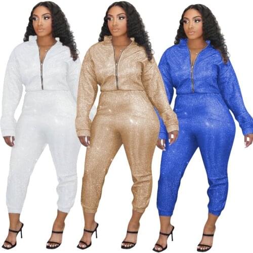Sequin 2020 Autumn Women 2 Piece Sets Hot Stamping Tracksuit Full Sleeve Zipper Coat + Skinny Pant Suit Night Club Party Outfits