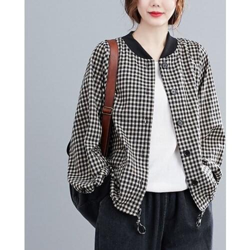 Fashion Women Cotton Linen Thin Casual Jackets 2021 Autumn Vintage Plaid Coats Print Loose Female Long Sleeve Outwear Button