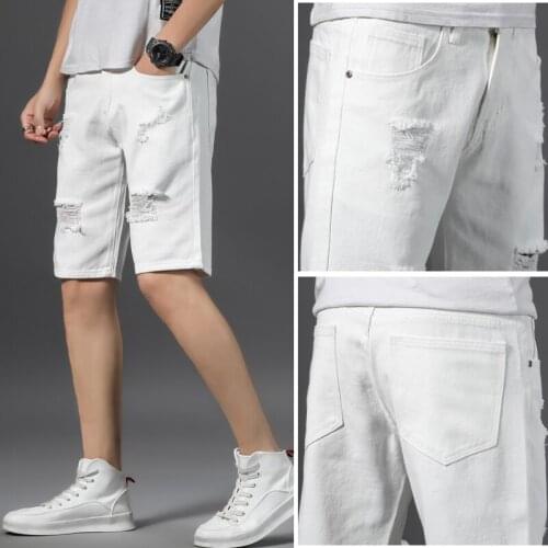 Summer White Black Men Denim Shorts Casual Hole Jeans Shorts Mens Clothing Beach Ripped Jeans Cotton Short Men Shorts