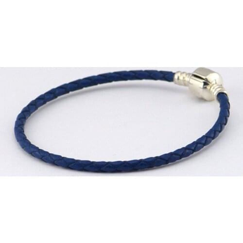 Genuine 925 Sterling Silver Dark Blue Braided Leather Bracelet For Women Charm bracelet femme DIY Jewelry Gift
