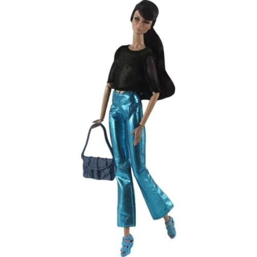 1/6 BJD Clothes Black Shirt Blue Flared Pants Outfits Set For Barbie Doll Clothes Top Trousers Handbag 11.5" Dolls Accessory Toy
