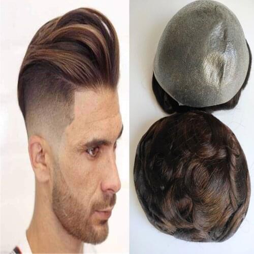 Dark Brown Men Toupee Thin Skin Base Mens Hair Replacement System India Human Real Hair System Toupee Natural Hairline Remy Hair