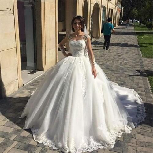 Custom Made Wedding Dresses Ball Gown Long Sleeve Fluffy Tulle Lace Beading Pearls Formal Wedding Gowns 2020 New Design HS28