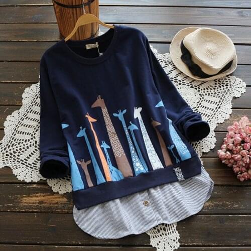 Cute Giraffe Cartoon Hoodies For Women Patchwork Fake Two Pieces 2021 Spring Casual Loose Long Sleeved Pullover Autumn Outerwear