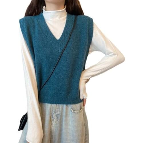 Lake blue Knitted Vest Women Spring and Autumn Sleeveless Casual V-neck Plus Size Vests Red Blue Black Sweater 2021