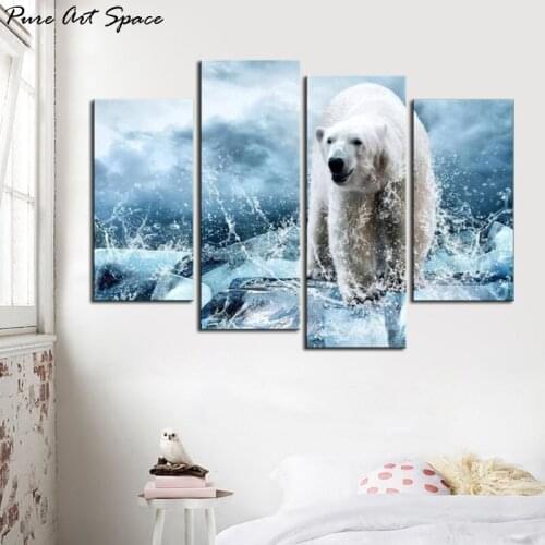 Canvas Painting Animals White Bear Wild Animal Pictures Blue Wallpaper 4 Piece Art Canvas Wall Pictures for Bedroom Modern Home