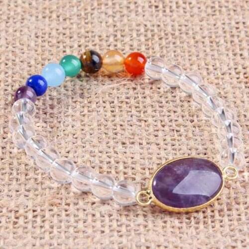 100-Unique 1 Pcs Light Yellow Gold Color Natural Rock Crystal Connect Purple Amethysts Crystal Healing Chakra Bracelets