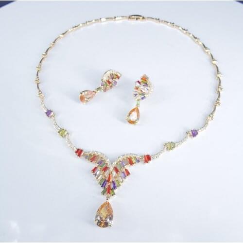 2020 new fashion champagne colorful CZ zircon golden necklace earrings,wedding bride dinner party dress jewelry free shipping