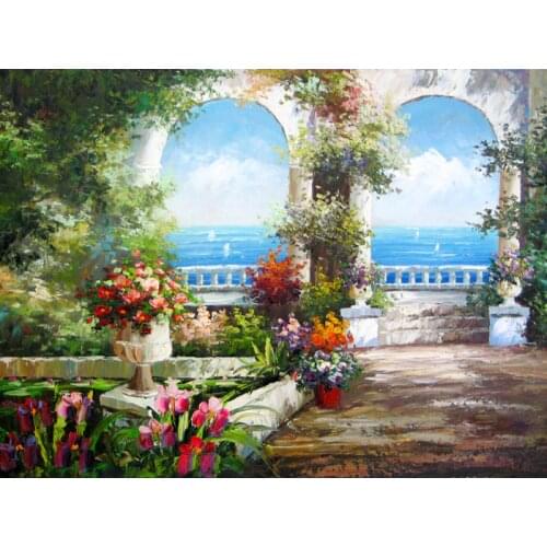 Free shipping Mediterranean sea flower garden seascape oil painting canvas painting prints on canvas wall art decoration picture
