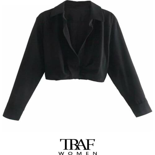 TRAF Za Women Fashion Office Wear Pleated Cropped Blouses Vintage Long Sleeve Elastic Hem Female Shirts Blusas Chic Tops