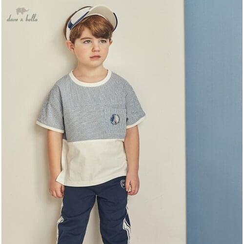 DKY17672 dave bella summer 5Y-13Y kids boys fashion cartoon letter patchwork T-shirt children boy high quality fashion tees