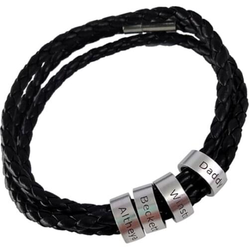 Mens Leather Bracelets with Beads Engraved Family Name Stainless Steel Charm Jewelry Bangles with 3 Laps Fathers Day Gift