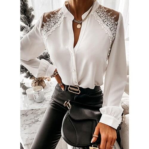 Elegant Lace Blouse Women Casual Long Sleeve V Neck Sexy Shirts New Summer White Solid Ladies Top Plus Size