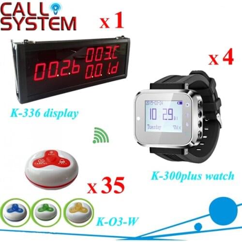 Electronic cafe call button system for catering industry 35 customer button with 4 waiter wrist watch and 1 monitor