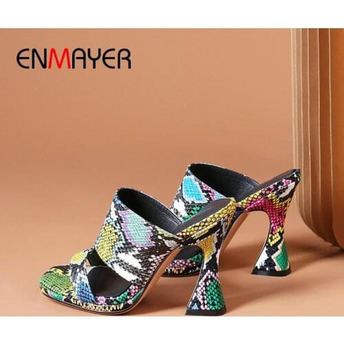 ENMAYER 2020 PU Serpentine Animal Prints Elegant Slippers Summer Outside Women Shoes Square High Heels Shallow Women Slides