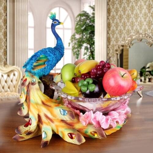 European Luxury Resin Peacock Glass Fruit Plate Ornament Crafts Decoration Office Home Furnishing Desktop Figurine Wedding Gift