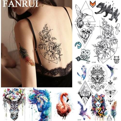 FANRUI Geometric Body Art Men Women Temporary Tattoo Sticker Compass Flower Hummingbird Tatoos Waterproof Arm Leg Fake Tattoos