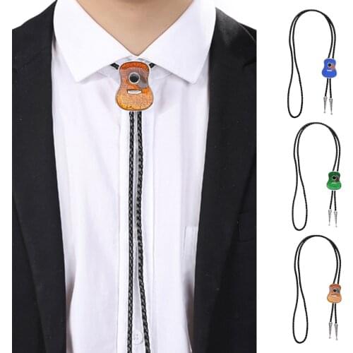 American Cowboy Neckties Necklace Bolo Ties for Men Boys Bola Ties with Guitar Shape Pendant PU Leather Rope
