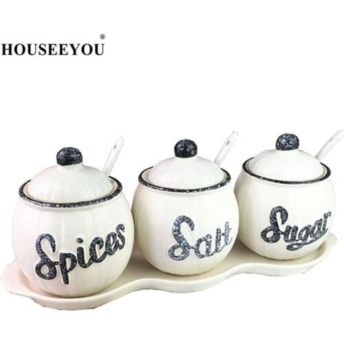 HOUSEEYOU Simplicity Ceramic Sugar Creamer Pots Bowl Home Kitchen 3in1 Salt Spices Condiment Jars with Small Spoons Dinnerware