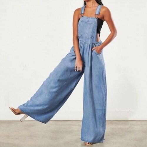 Casual Solid Color Denim Jumpsuits Women Elegant Mid Waist Loose pocket Romper Lady Spring Summer Wide Leg Pants Cowboy Overalls
