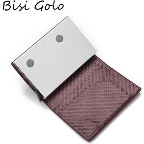 BISI GORO Carbon Fiber Smart Wallet Magnetic Single Box Crazy Horse Leather Men Automatic Aluminum Card Holder RFID Mini Purse