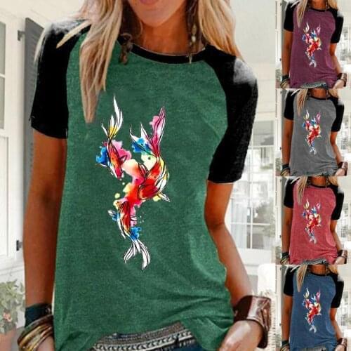 Summer Fashion Womens Clothing Koi Printed Casual T-shirt Short Sleeve Round Neck Tops Ladies Plus Size Blouse