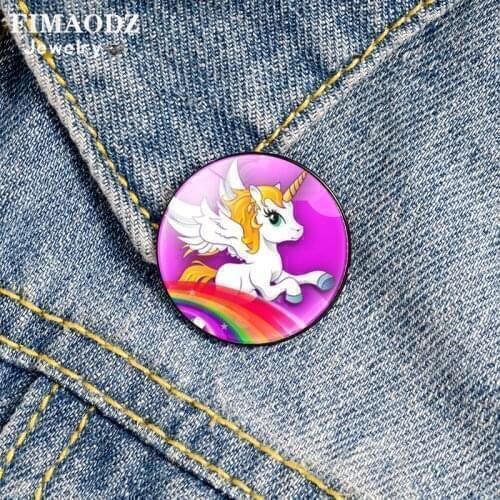 FIMAODZ Hot Sale Unicorn Brooches Badge Flying Horse Glass Picture Bronze Color Backpack Badge Pins Fashion Decoration for Kids