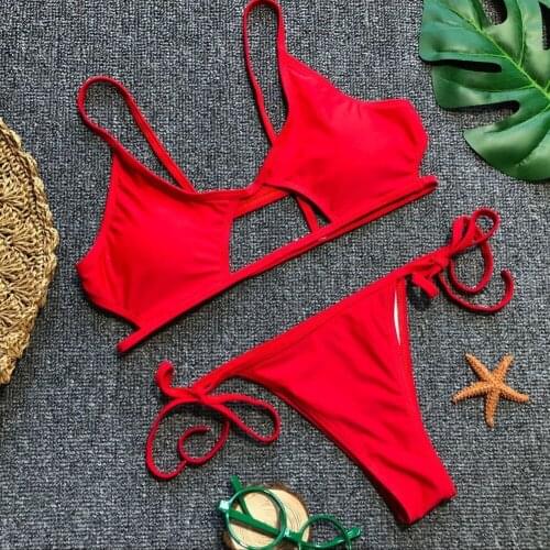 Bandeau Micro Bikini 2020 Push Up Buckle Women Solid Red Bathing Suit High Cut Swimsuit Bathers Lace Up Bandage Thong Biquini