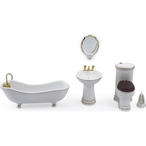 1/12 Dollhouse Miniature Accessories Mini Bathroom Set Simulation Bathtub Mirror Wash Basin Closestool Brush Doll House Decor