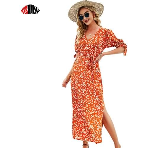 2021 Fashion Ladies Long Maxi Floral Print Summer Dress Women Sexy Split High Waist Boho Women Beach Dresses Vestidos Mujer