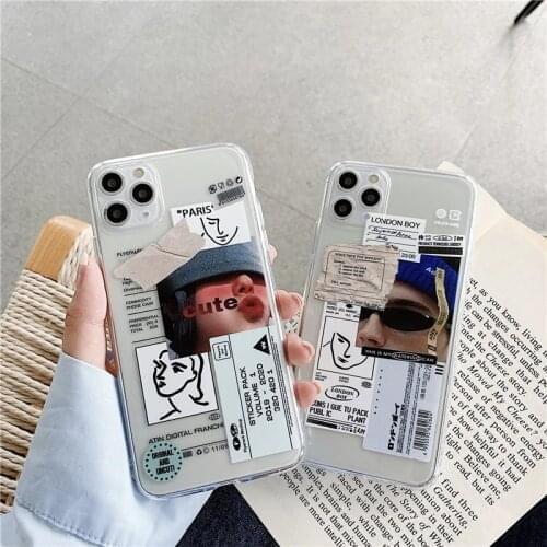 Ins Fashion Boy Label Phone Case For iphone 12 11 Pro Max 13 Mini X XR XS Max 8 6 6s 7 Plus SE 2020 Retro Art Transparent Cover