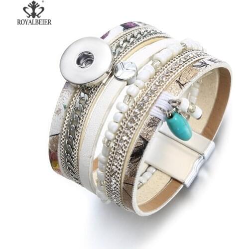 New Multilayer Rhinestone Wrap Leather Crystal Magnet Bracelet Charms Crystal Buckle Fit 18mm Buttons For Women Pulsera SZ0582