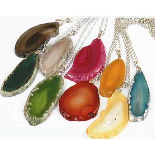 Multi colors green grey blue orange brown natural onyx slice geode stone in silver and gold color snake chain pendant necklace