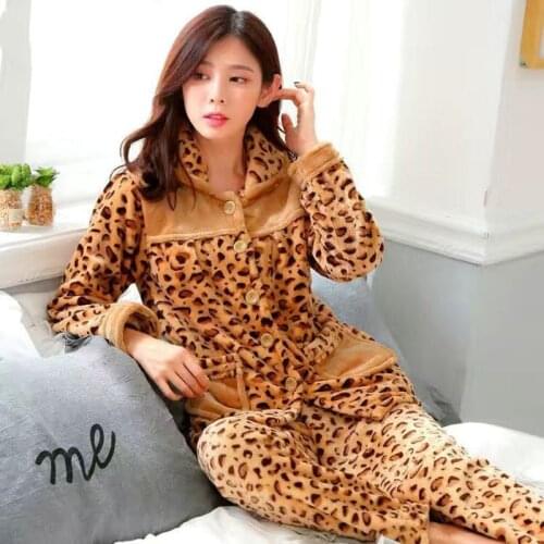 Leopard Pajamas Set Women Pyjama Flannel Warm Femme Plush Thick Sexy Sleepwear 2Piece/Set Mom Homewear Clothes Plus Casual Size