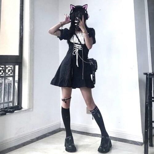 Goth Maid Dress Kawaii Gothic Milkmaid Lolita Outfit Cosplay Costumes E Girl Puff Sleeve Bandage Dress 2021 Mall Goth Emo