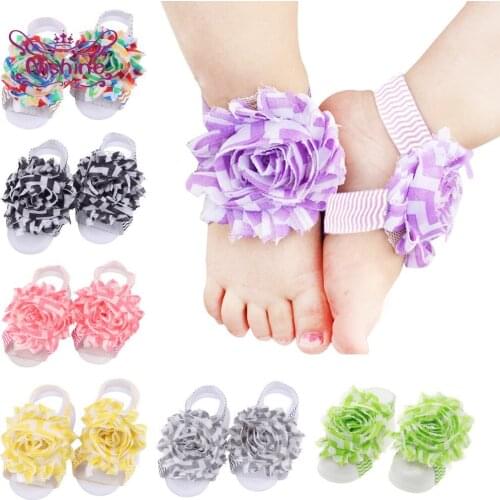 Nishine Shabby Striped Chiffon Flowers Barefoot Sandals for Baby Girls Fashion Infant Floral Shose Kids Accessories Photo Props