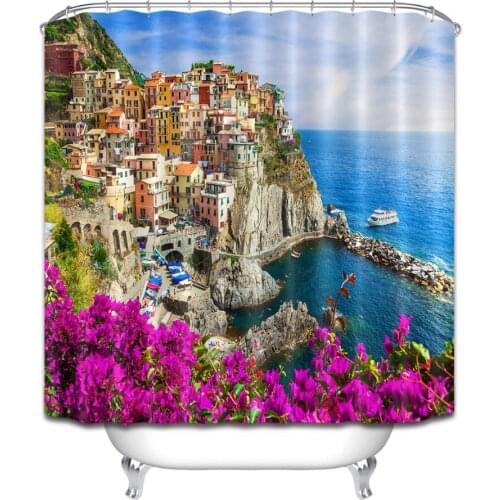 Nordic Scenery Bathroom Waterproof Fabric Shower Curtain Italy Coastal Village Purple Flowers Shower Curtain Bath Accessory Sets