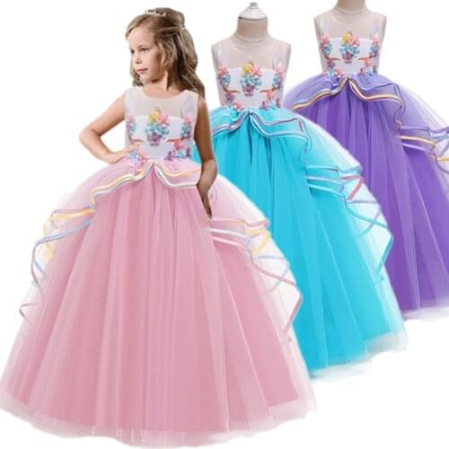 Unicorn Teenager Girl Party Dresses For Kids Long Tail Wedding Birthday Grown Chirldren Elegant Formal Evening Costume 6-14Years