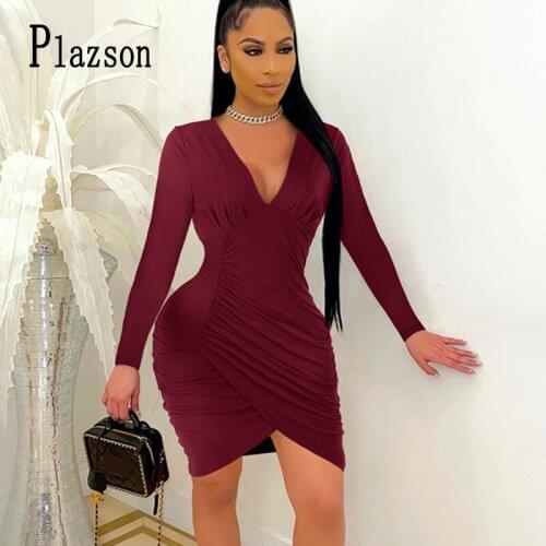 Plazson Sexy Deep V Neck Irregular Mini Dress Women Autumn Long Sleeve Folds Bodycon Sheath Solid Elegant Party Club Vestidos