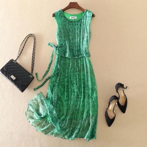 Tcyeek Vintage Summer Dress Women 100% Real Silk Vestidos 2020 Korean Sleeveless Boho Beach Party Dress Long Floral Dresses 8005