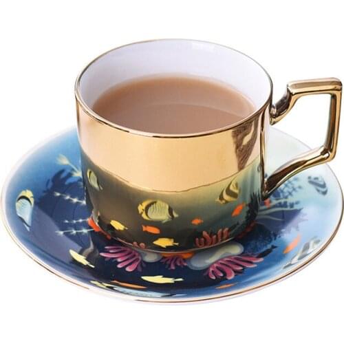 Mirror Coffee Mugs Specular Reflection Sea World Ceramic Tea Cups And Saucers Spoon Creative Coffeeware