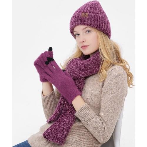 Knitted Wool Winter hat and scarf set For Women Girl 's Hat Cotton Corduroy Beaine Female Cap and scarves Gloves set Solid Color