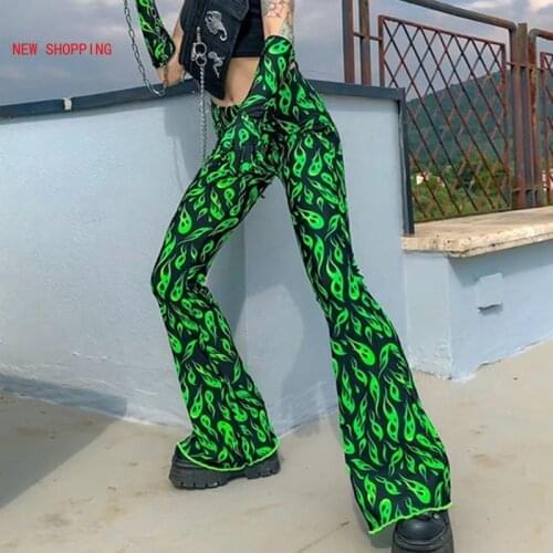 2021 New Green Fire Print Flare Pants High Waist Bell Bottom Sexy Women Streetwear Harajuku Y2K Punk Trousers Winter Autumn