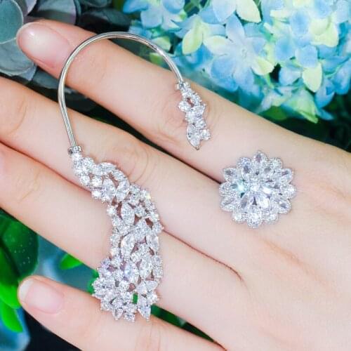 QooLady Classic White Flower Leaf Cubic Zirconia CZ Curved Long Climber Earring Luxury Engagement Wedding Women Ear Jewelry E188