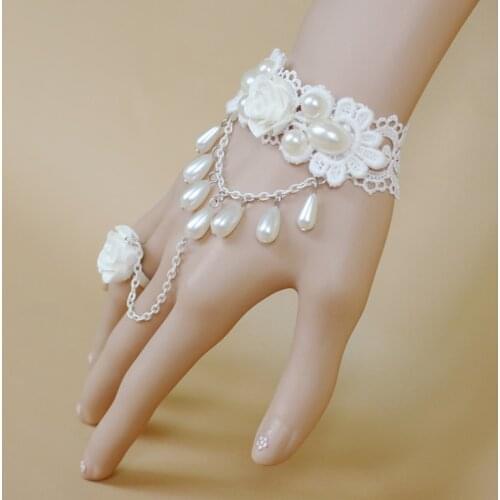 2020 new retro female wedding accessories princess loli white rose pearl lace bracelet with ring bracelet with ring one chain br